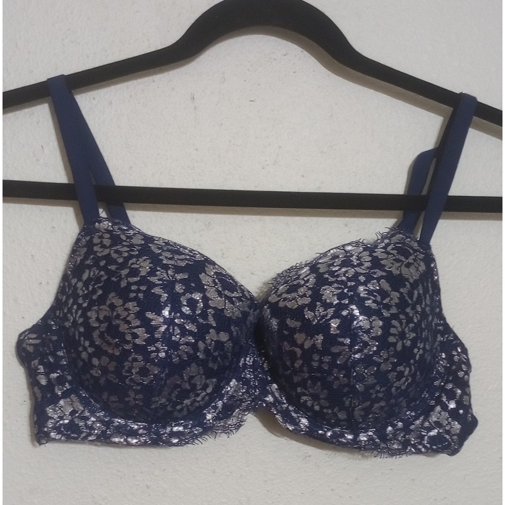 Victoria's Secret Dream Angels Navy Silver Metallic Lace Lined Demi Bra 36C